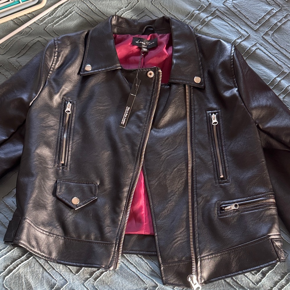 Lush Black Faux Leather Moto Jacket with Pink Lining